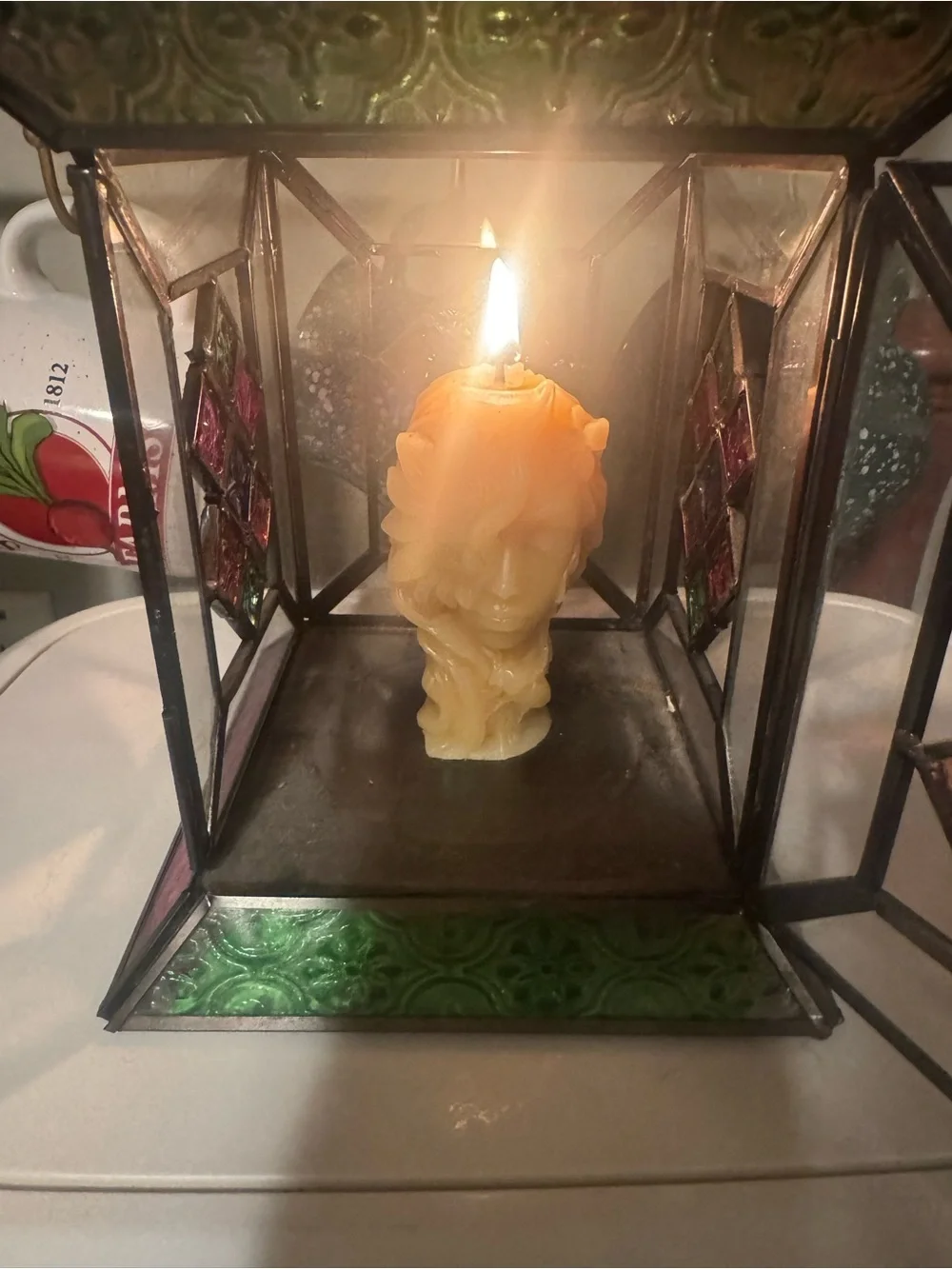 VTG Stained Glass Style Candle Lantern Multicolored Glass Metal Made In India